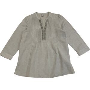Chico's 2 (12/14) Embellished Rhinestones Tunic Top | Linen Blend, Light Gray